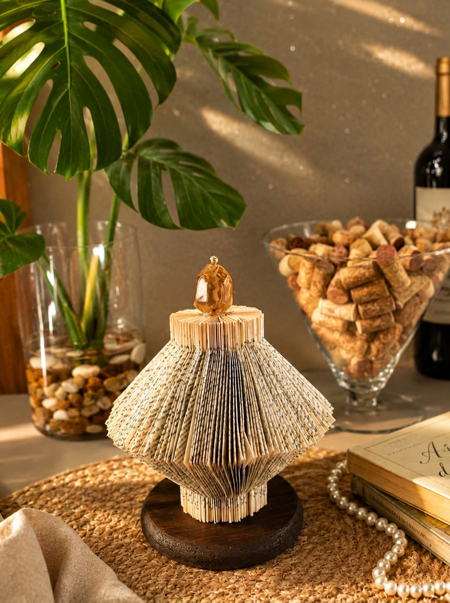 Escultura geométrica feita de livro dobrado com acabamento decorativo, criada por aluna