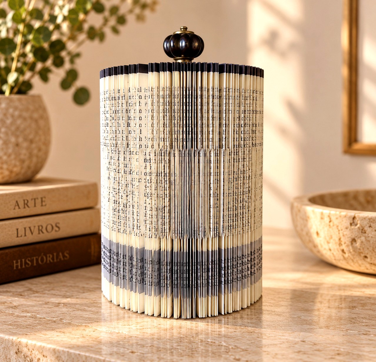 Vaso decorativo feito de livro dobrado com tampa ornamentada, criado por aluna
